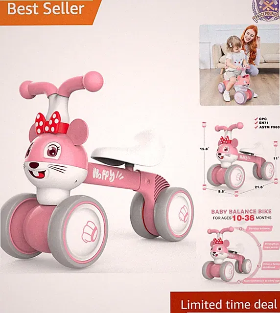 Baby Balance Bike Pink Mouse Non-Pedal Toddler Gift Indoor Outdoor