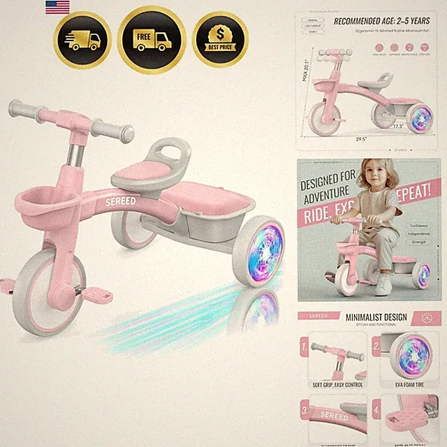 Colorful Lighting Toddler Tricycle for 2-5 Old Girls, Adjustable Seat&Handle...