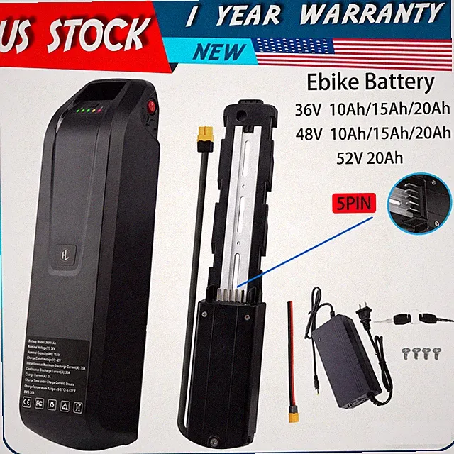 Electric Bike Battery 52V 48V 36V 10.4Ah 15Ah 20Ah Ebike Bicycle Battery Black